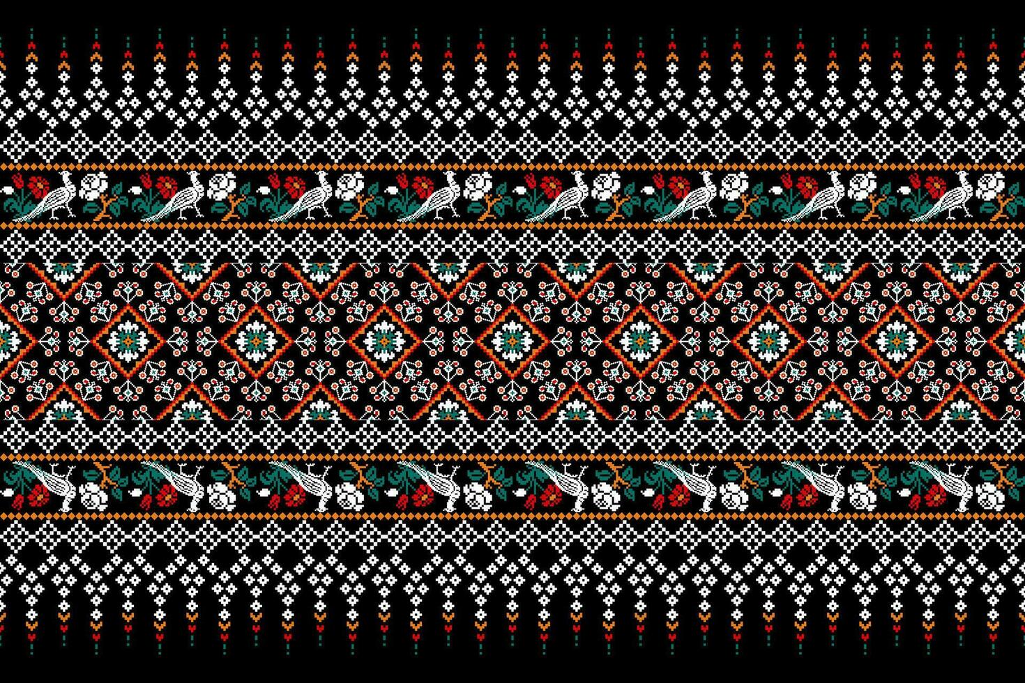 bloemen kruis steek borduurwerk Aan zwart achtergrond.geometrisch etnisch oosters patroon traditioneel.azteken stijl abstract vector illustratie.ontwerp voor textuur, stof, kleding, verpakking, decoratie, sarong.