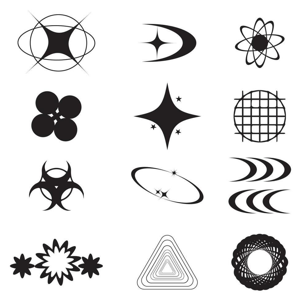 retro futuristische elementen voor ontwerp. groot verzameling van abstract grafisch meetkundig symbolen en voorwerpen in y2k stijl. Sjablonen voor notities, affiches, spandoeken, stickers, bedrijf kaarten, logo vector