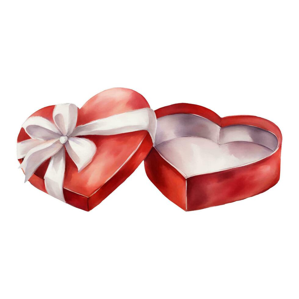geopend rood liefde vormig prijs doos of geschenk doos met wit lint geïsoleerd hand- getrokken waterverf schilderij illustratie vector
