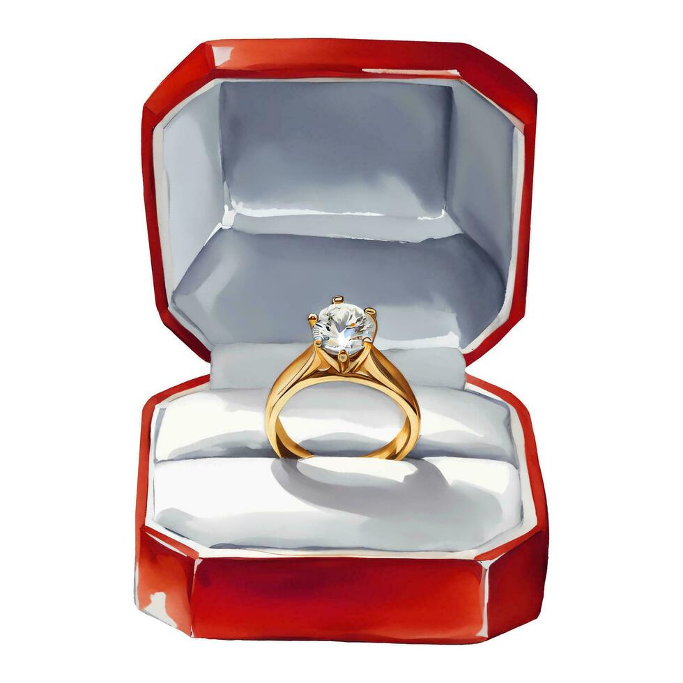 gouden ring met diamant in rood doos geïsoleerd hand- getrokken waterverf schilderij illustratie vector