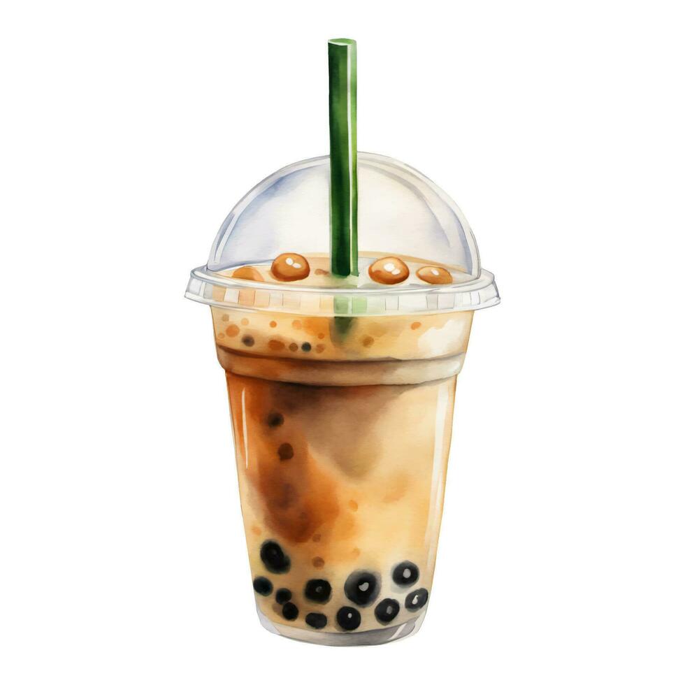 bubbel boba melk thee in plastic glas met rietje geïsoleerd hand- getrokken waterverf schilderij illustratie vector