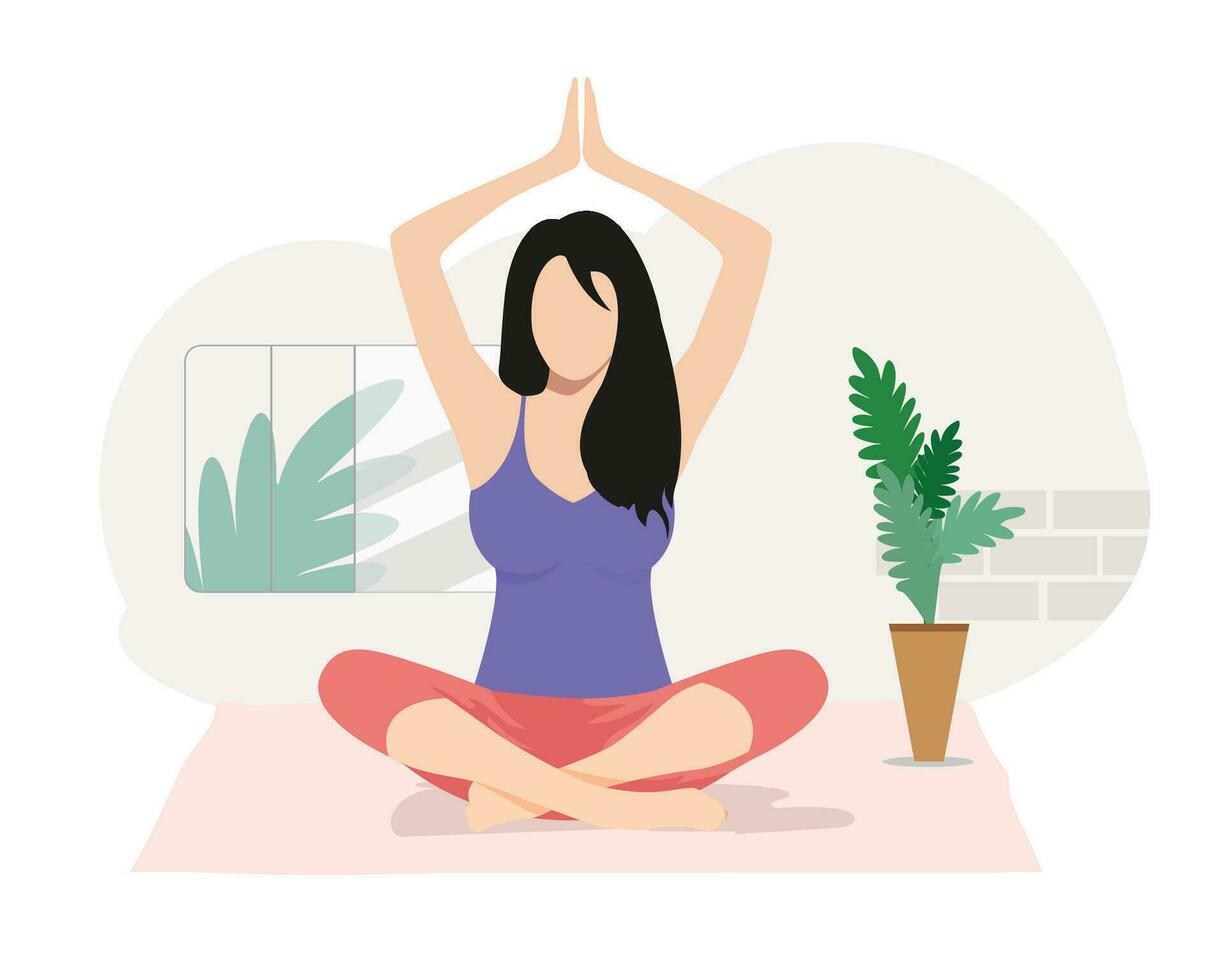 vrouw beoefenen Sukhasana houding of namaste padmasana houding yoga, yoga asana vector illustratie