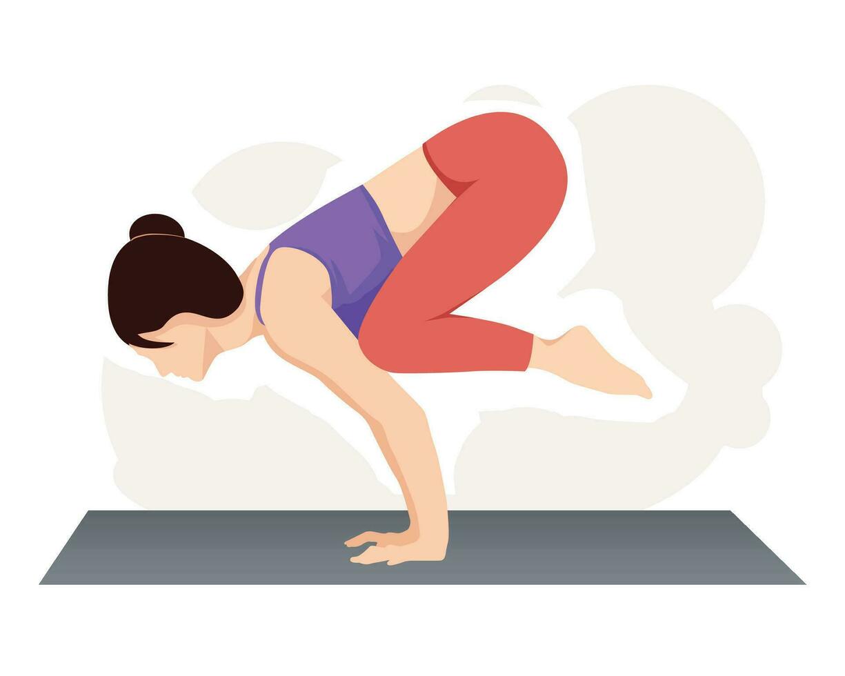 vrouw beoefenen yoga aan het doen bakasana, kraan houding. vector