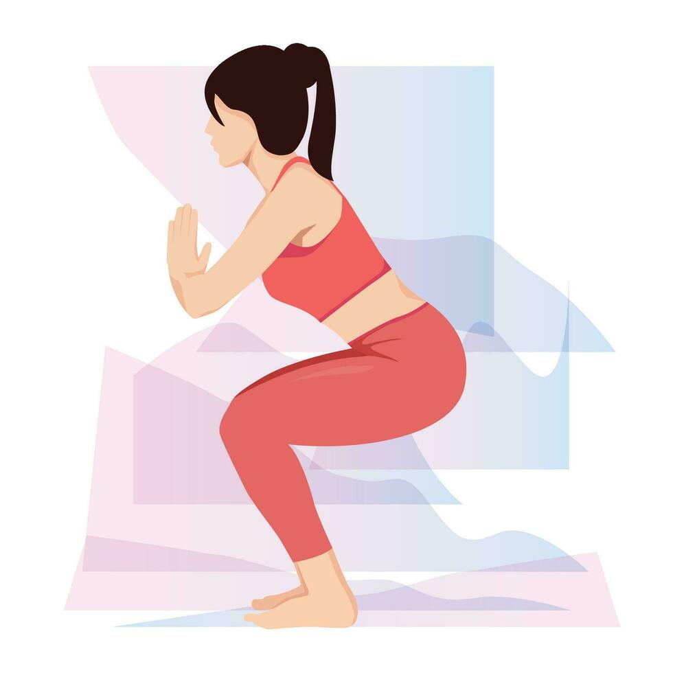 vrouw beoefenen stoel houding, utkatasana yoga oefening. vector