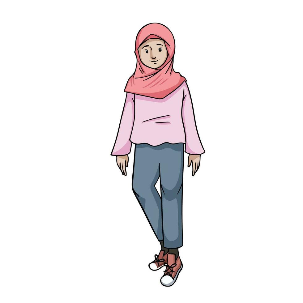 jong meisje met bruinen huid vervelend licht rood hijaab, roze lang mouwen shirt, grijs broek, en bruin schoenen vector illustratie geïsoleerd Aan plein wit achtergrond. gemakkelijk vlak geschetst tekenfilm kunst stijl.