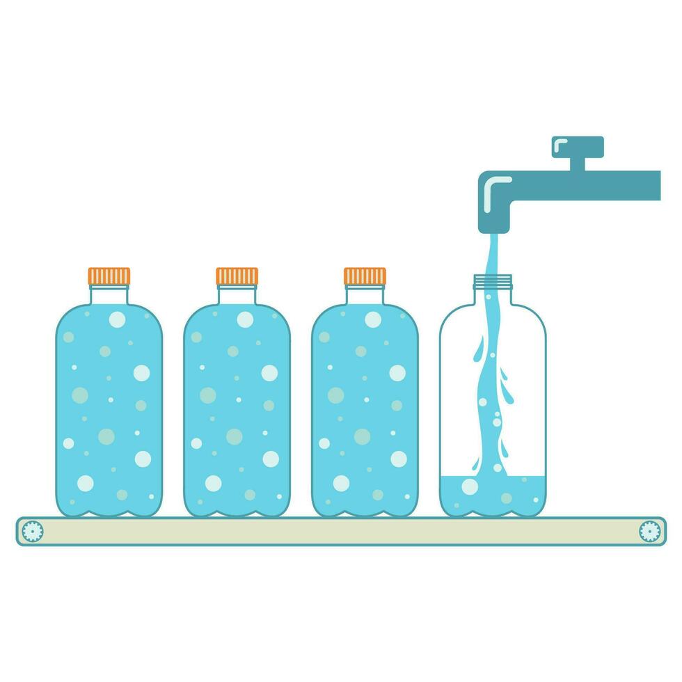 transportband voor vulling plastic flessen met mineraal water. productie van gebotteld drankjes. vector