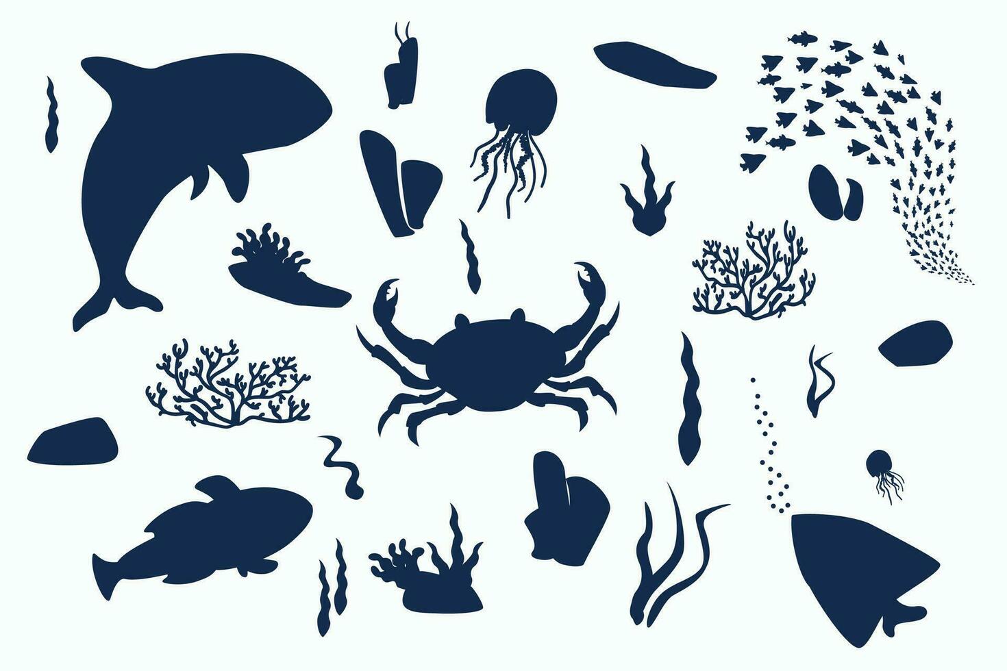 vector reeks van marinier silhouetten. monochroom onderwater- figuren van planten en koralen, rotsen en dieren zo net zo krab, moordenaar walvis, kwallen, vis.