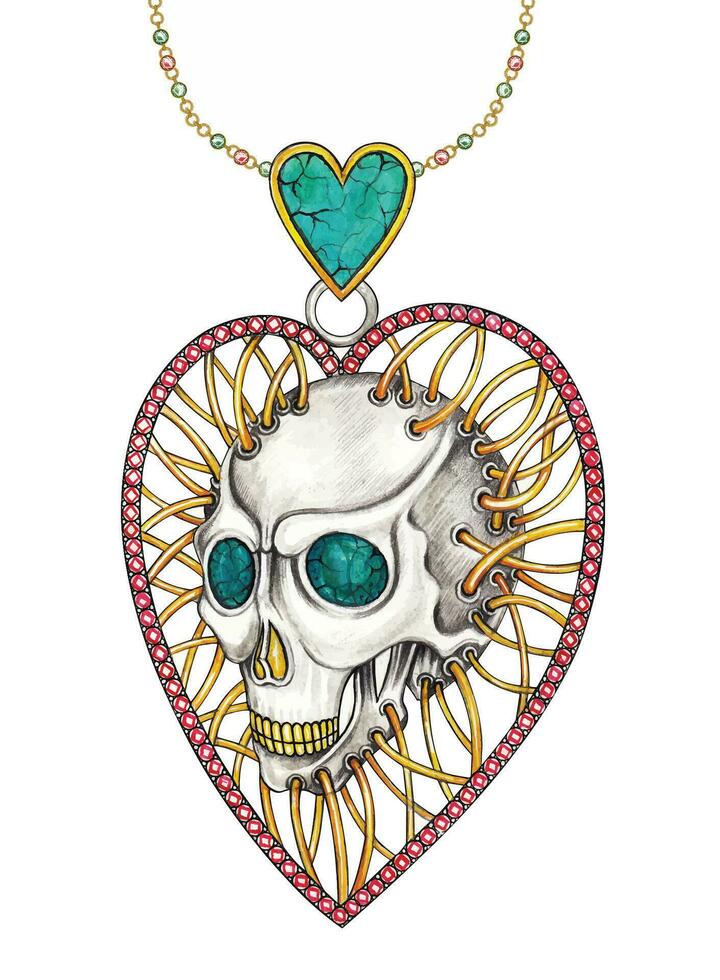sieraden ontwerp luxe surrealistische hart schedel hanger hand- tekening en schilderij maken grafisch vector. vector