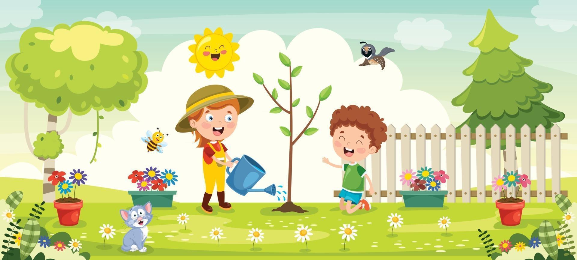 kleine kinderen tuinieren en planten vector