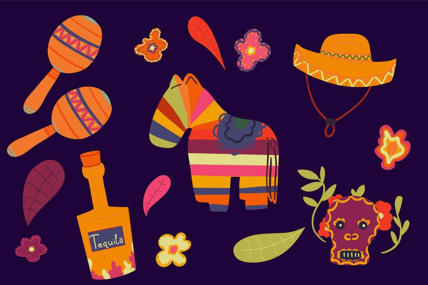 Mexico reeks hand- getrokken pictogrammen hoed bloemen en tequila vector
