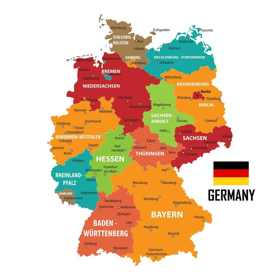 Duitsland kaart en vlag van duitsland. stad namen - land- contouren. vector illustratie.