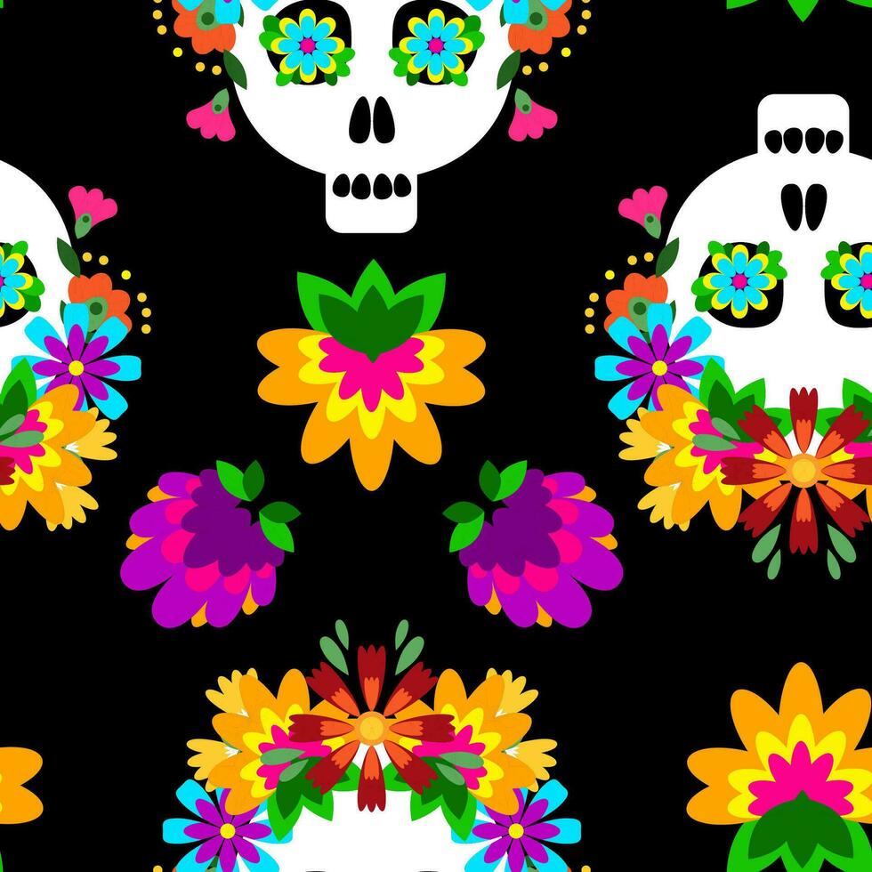Mexicaans suiker schedel en bloemen in een naadloos patroon Aan een zwart achtergrond vector
