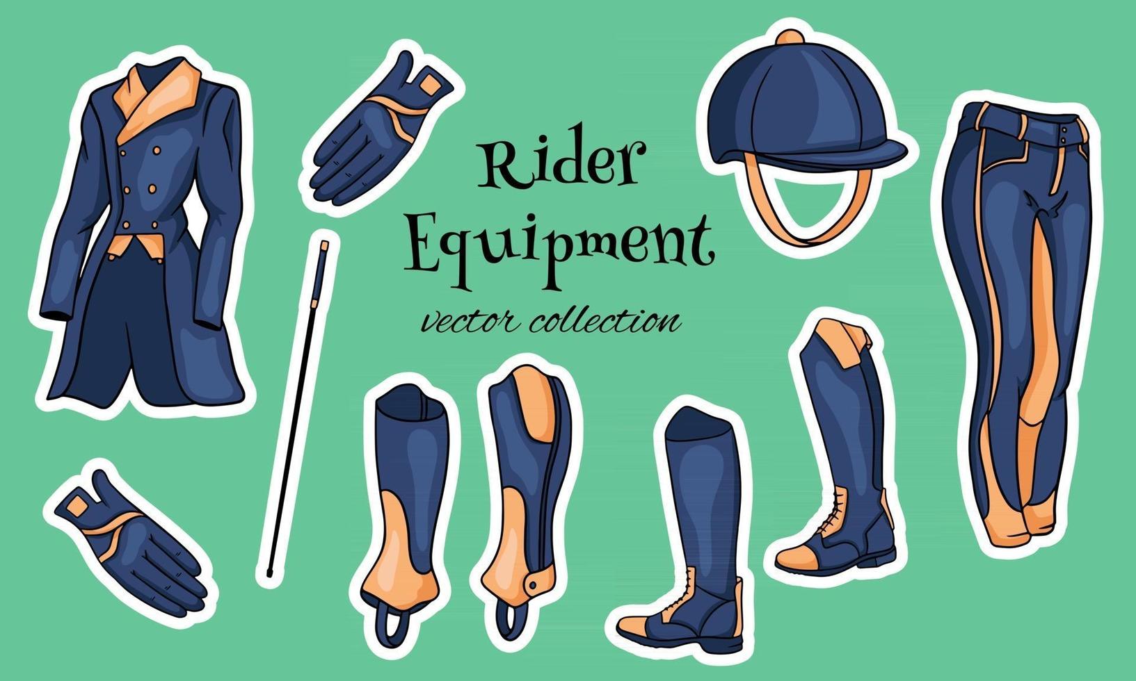 outfit rijder een set kleding voor een jockey laarzen pedjak broek zweep helm in cartoon stijl vector