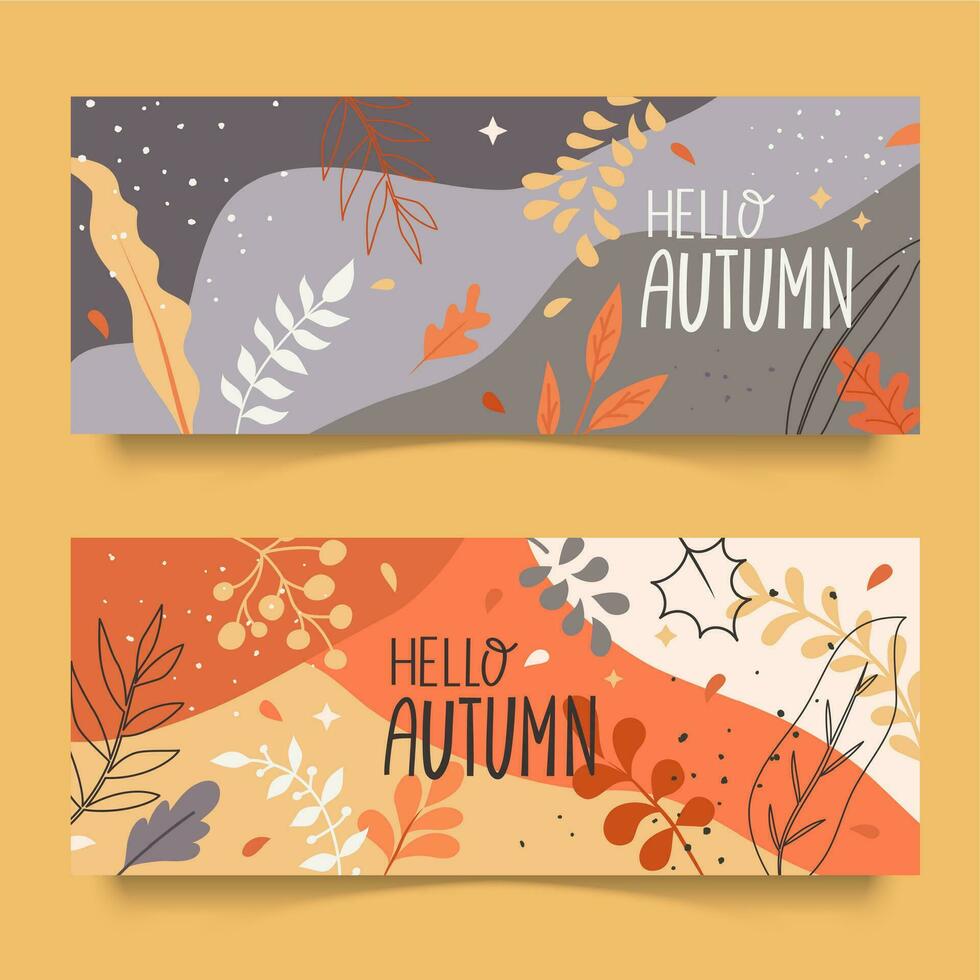 reeks van twee horizontaal banners in warm kleuren met vallend kleurrijk herfst bladeren vector