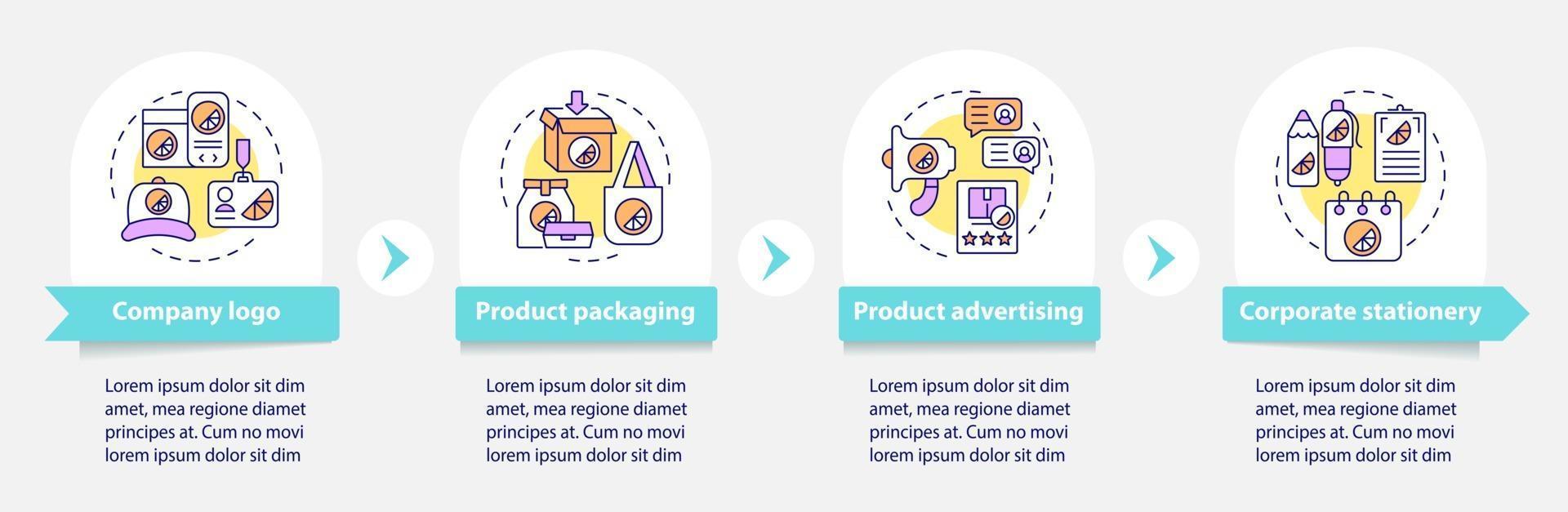 merk contactpunten vector infographic sjabloon. product reclame presentatie schets ontwerpelementen. datavisualisatie met 4 stappen. proces tijdlijn info grafiek. workflowlay-out met lijnpictogrammen