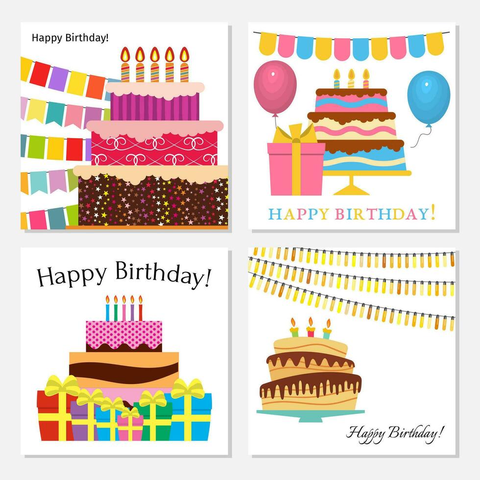 reeks van vier groet kaarten met zoet taart voor verjaardag viering. vector illustratie