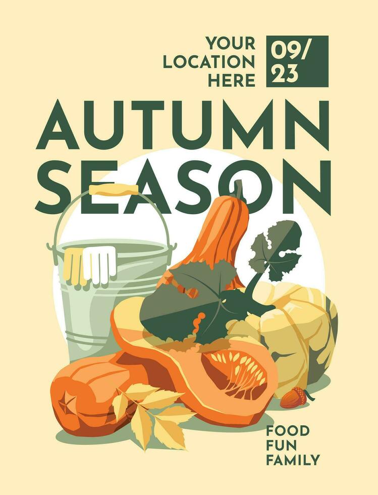 poster met oogst van herfst pompoen. halloween, dankzegging, boerderij festival poster, tekst kaart. vector vlak illustratie