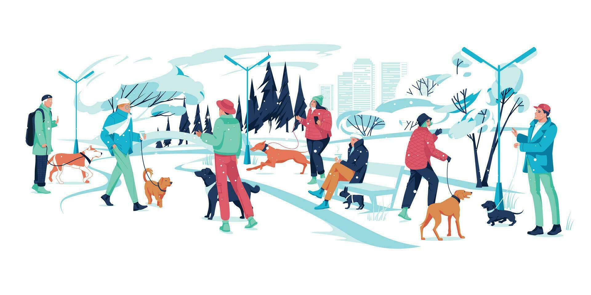 menigte mensen gekleed in bovenkleding inloop g met hun honden en communicatie in winter park kleurrijk vector illustratie in vlak tekenfilm stijl.
