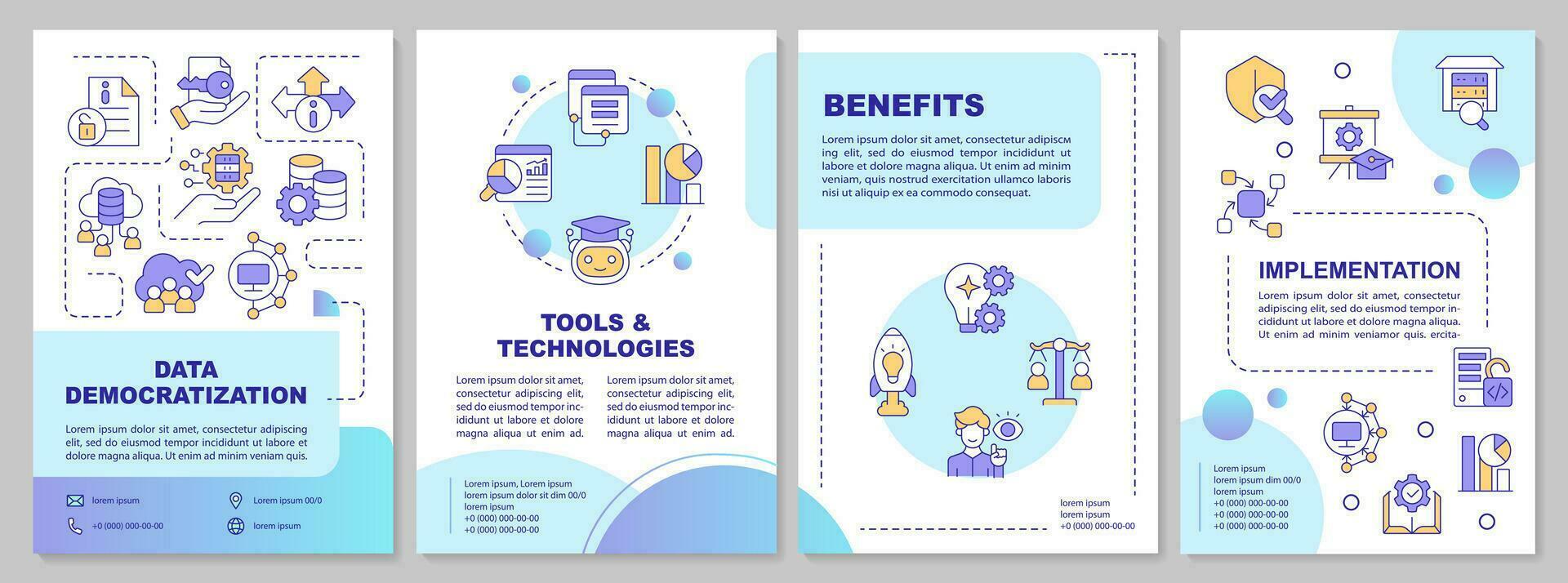 2d gegevens democratisering veelkleurig brochure sjabloon, brochure ontwerp met dun lijn pictogrammen, 4 vector lay-outs.