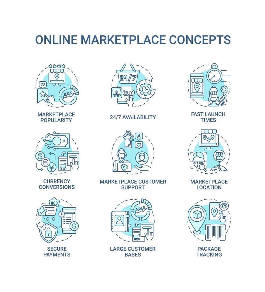 online marktplaats concept pictogrammen instellen. groot klantenbestand idee dunne lijn kleurenillustraties. snelle starttijden. pakket traceren. 24 7 beschikbaarheid. vector geïsoleerde overzichtstekeningen. bewerkbare streek