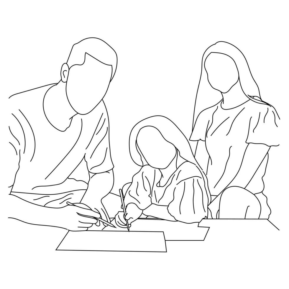 liefhebbend mam en vader helpen schattig kind tekening. vector lijn kunst geïsoleerd Aan een wit achtergrond.