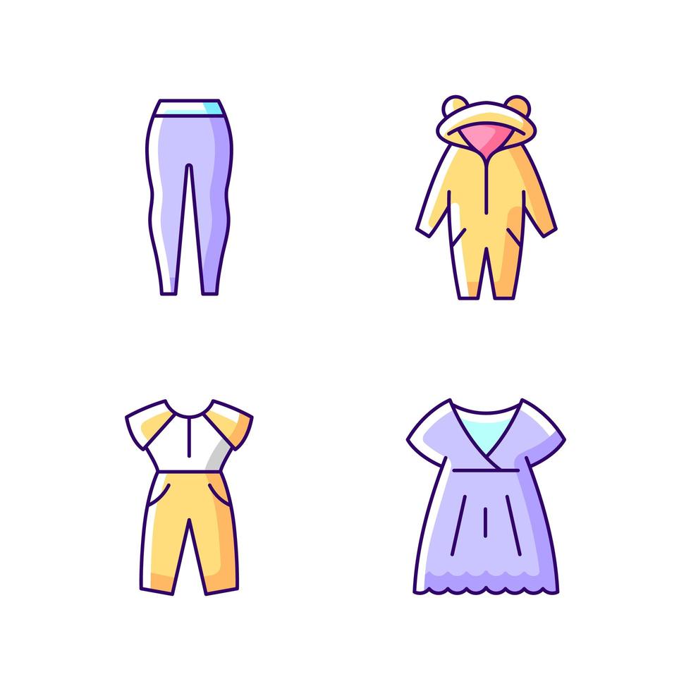 nachtkleding rgb kleur pictogrammen instellen. leggings voor dames. kigurumi voor kinderen. jumpsuit en oversized jurk. geïsoleerde vectorillustraties. comfortabele huiskleding eenvoudige gevulde lijntekeningencollectie vector