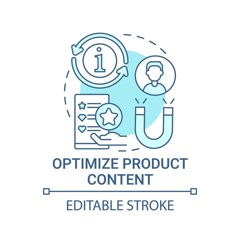 optimaliseer het pictogram van het productinhoudconcept. online marktplaats succes abstracte idee dunne lijn illustratie. het verbeteren van de vindbaarheid van itempagina's. vector geïsoleerde omtrek kleur tekening. bewerkbare streek