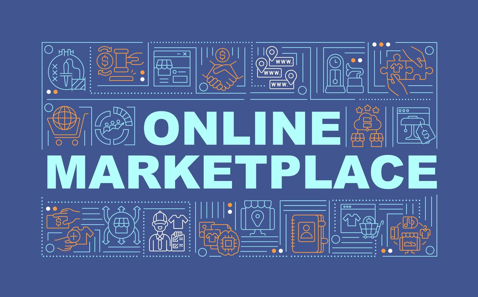 online marktplaats woord concepten banner. verkoop van producten op afstand. infographics met lineaire pictogrammen op Marine achtergrond. geïsoleerde creatieve typografie. vector overzicht kleur illustratie met tekst