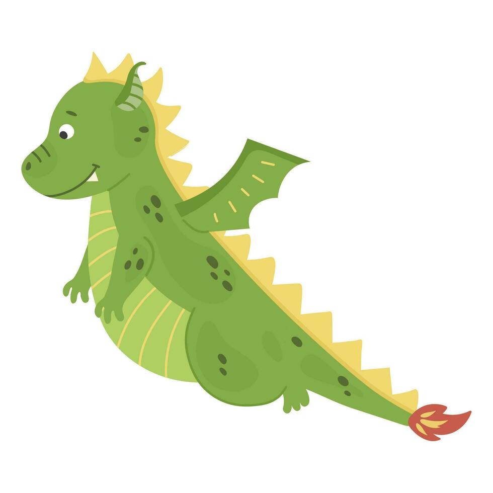 vliegend schattig groen draak, baby dinosaurus voor kinderen. gelukkig grappig sprookje dier. vliegend dinosaurus met Vleugels. aanbiddelijk vriendelijk fantasie monster. magie schepsels kleurrijk. vector illustratie