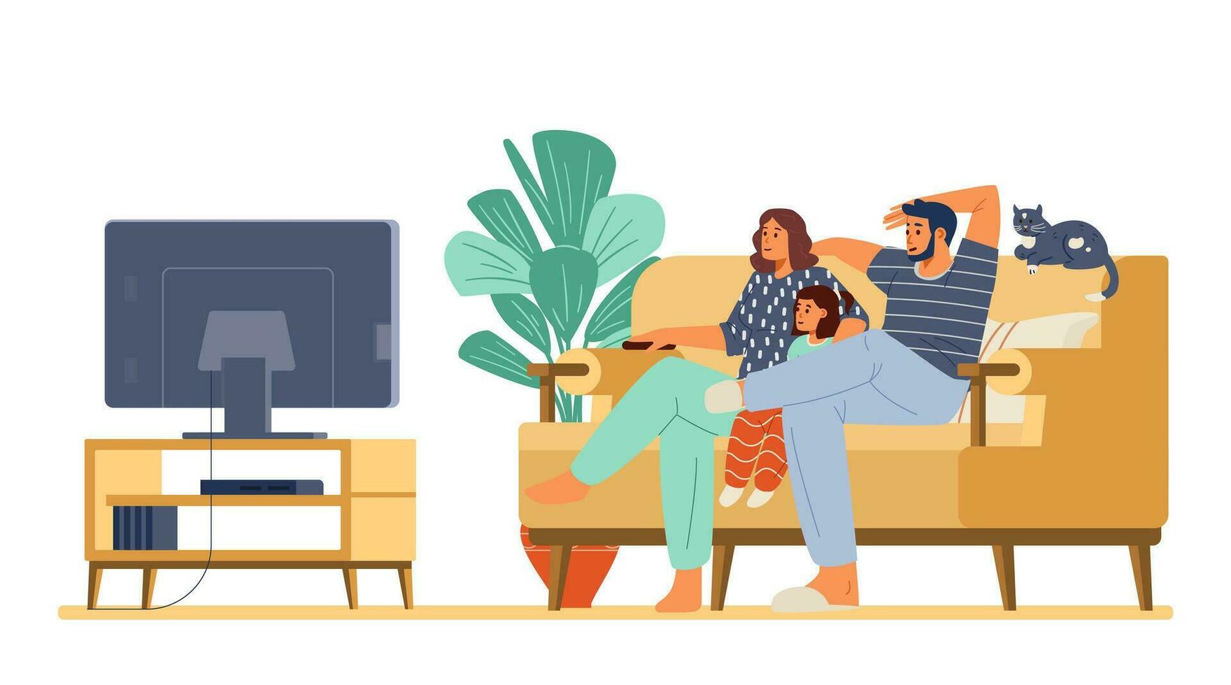 familie met een kat aan het kijken TV samen zittend Aan de bankstel vlak vector illustratie. ouders met weinig dochter aan het kijken video.