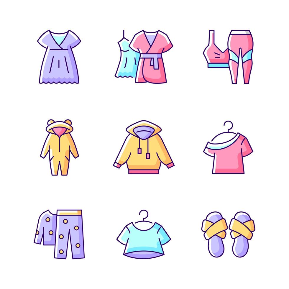 comfortabele nachtkleding rgb kleur iconen set. nachtjapon en jurk om te loungen. sportkleding voor dames. pantoffels met kruisband. geïsoleerde vectorillustraties. homewear eenvoudige gevulde lijntekeningen collectie vector