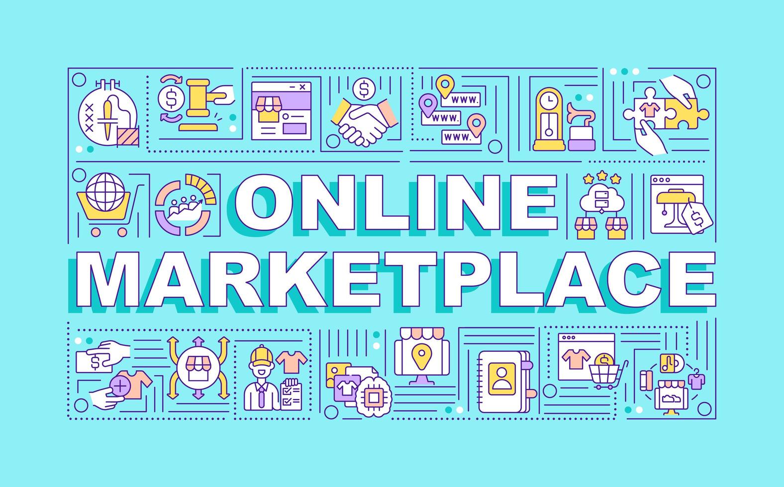 online marktplaats woord concepten banner. zaken op afstand. infographics met lineaire pictogrammen op cyaan achtergrond. geïsoleerde creatieve typografie. vector overzicht kleur illustratie met tekst