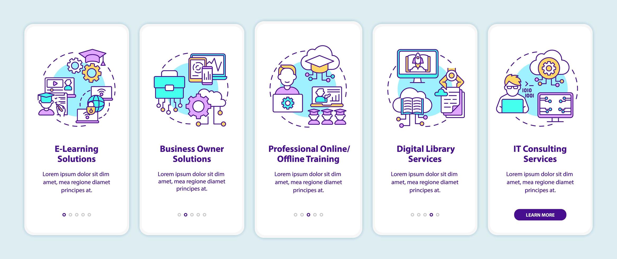 community development projecten onboarding mobiele app paginascherm met concepten. e-learning systeem walkthrough 5 stappen grafische instructies. ui, ux, gui vectorsjabloon met lineaire kleurenillustraties vector