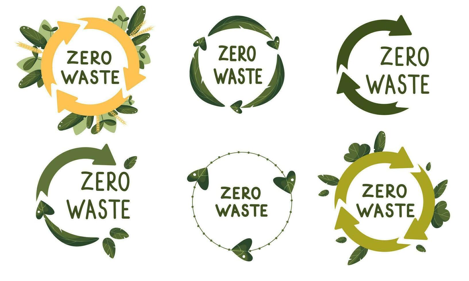 nul verspilling etiketten. groen eco vriendelijk label, verminderen verspilling en recycle icoon met fabriek bladeren vector set. Nee plastic ecologisch bescherming logo met groen