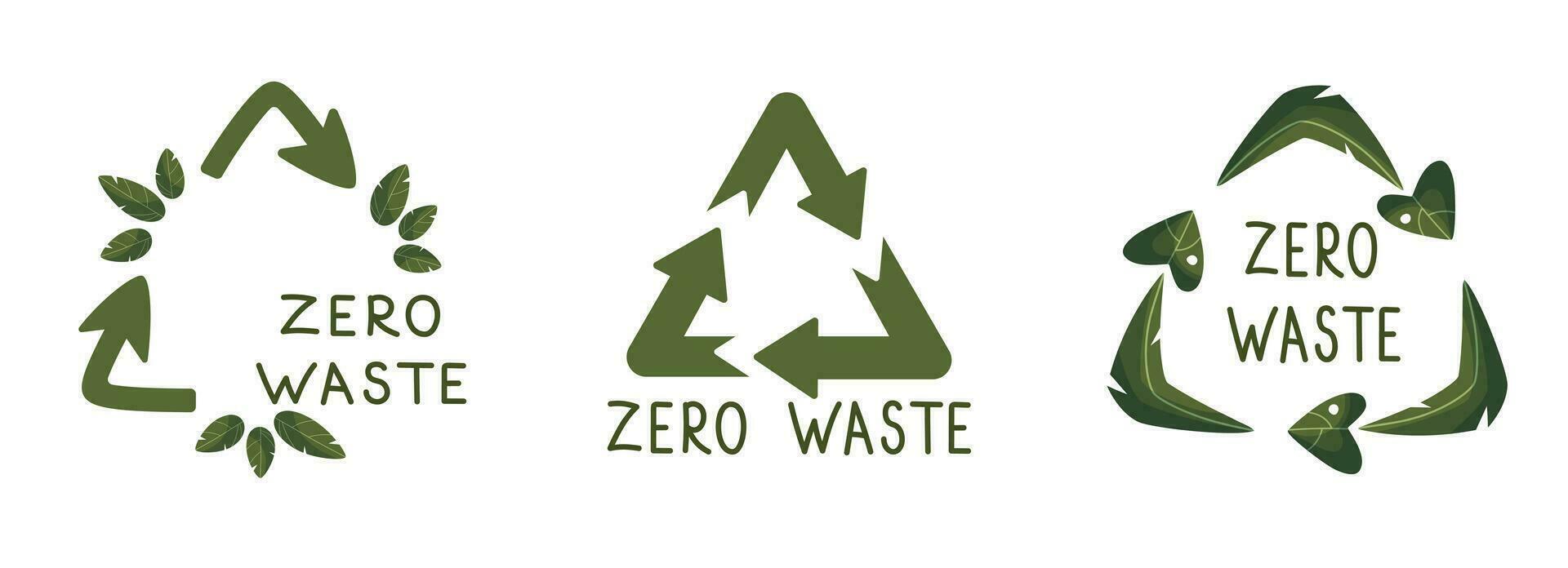 nul verspilling etiketten. groen eco vriendelijk label, verminderen verspilling en recycle icoon met fabriek bladeren vector set. Nee plastic ecologisch bescherming logo met groen