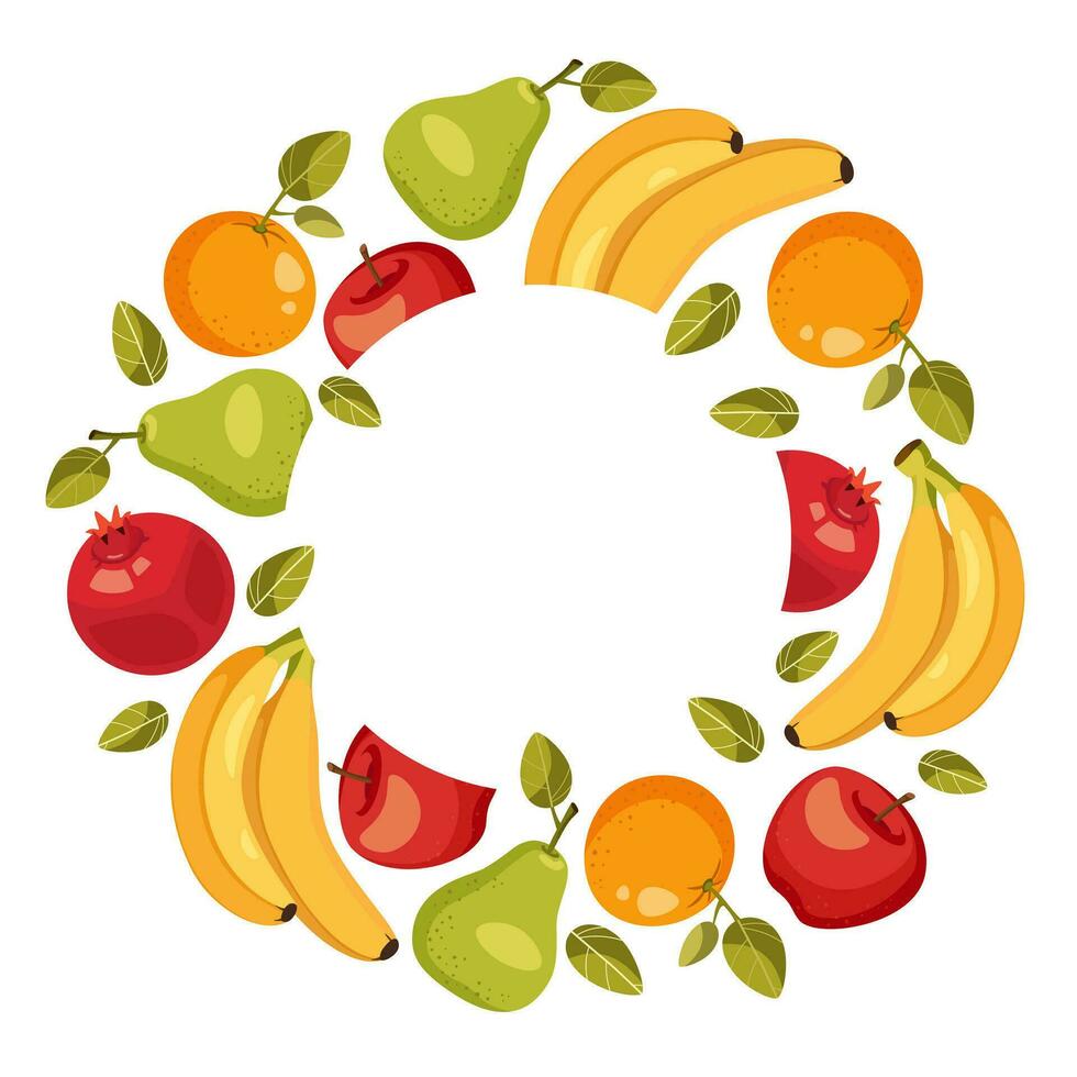 sjabloon, kader van vruchten. Peer, appel, oranje, banaan en granaatappel. vector illustratie. vrij wit cirkel voor tekst