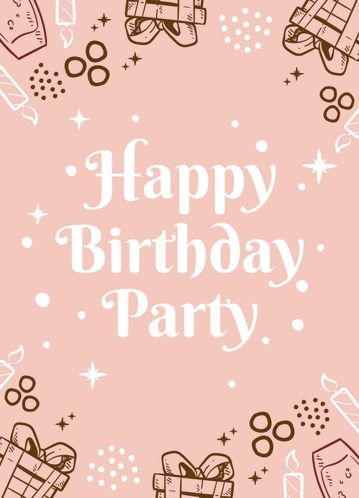 hand- getrokken gelukkig verjaardag partij kaart met vlak abstract elementen kaarsen en geschenk doos voor viering en groet vector