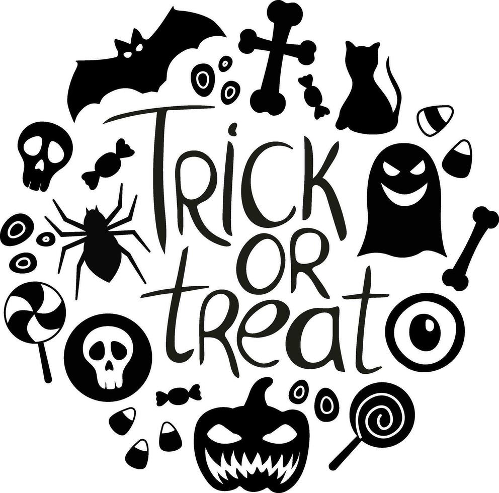 verzameling van halloween symbolen. gelukkig halloween. truc of traktatie. vector illustratie