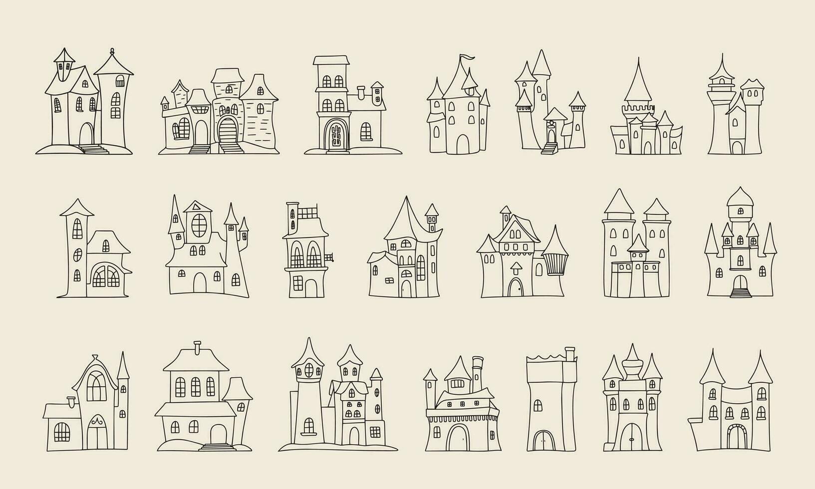 verzameling van hand- getrokken tekening huizen. retro tekening huizen reeks pictogrammen. vector illustratie.