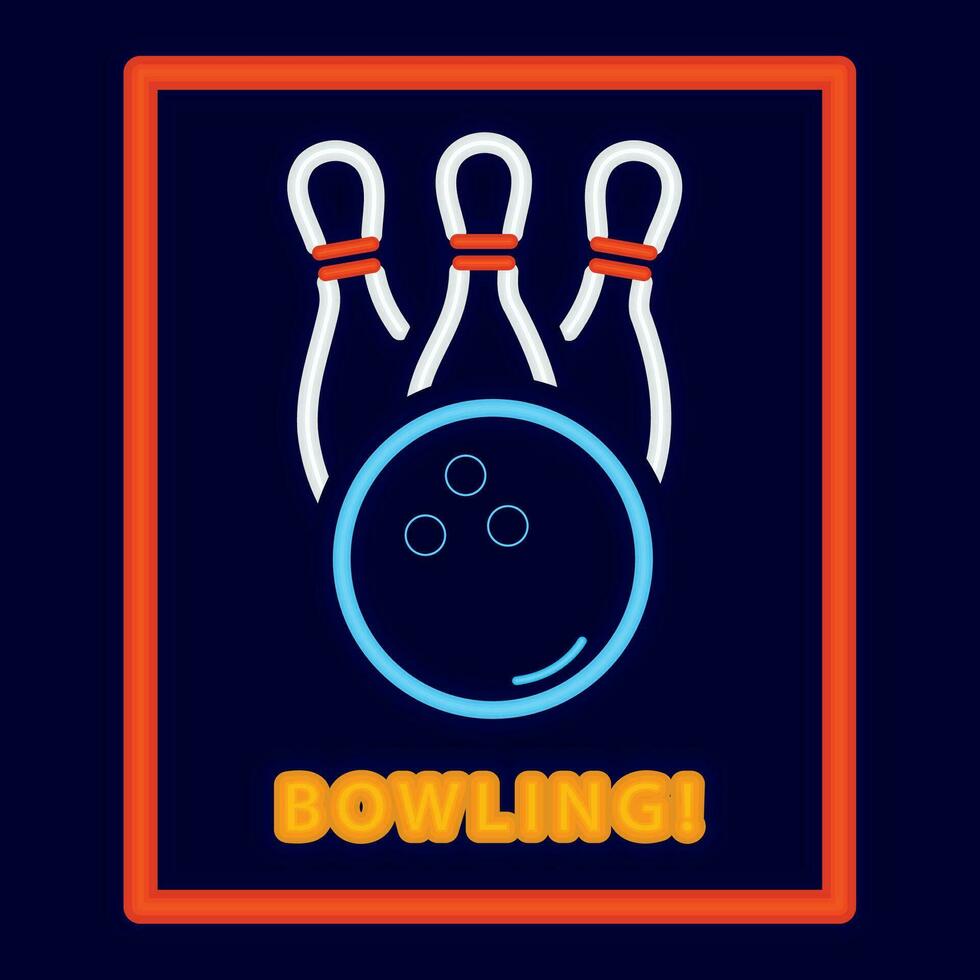 gekleurde bowling neon poster met bowling bal en pinnen vector