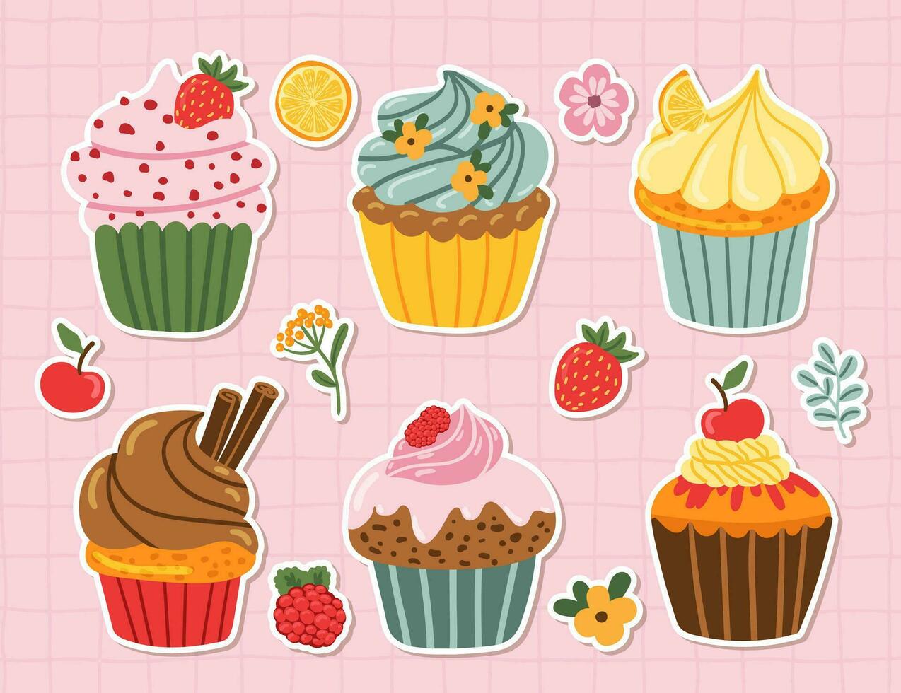 zoet lekker koekje, romig taart, muffin sticker verzameling vector illustratie. vlak stijl tekenfilm taart icoon reeks geïsoleerd Aan wit achtergrond