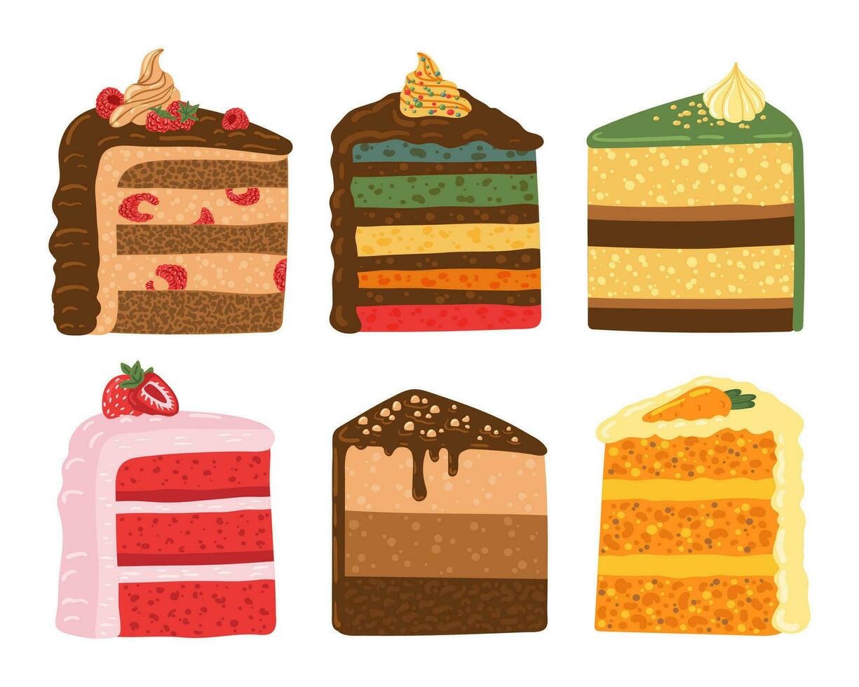 reeks van verjaardag taart plak, framboos en aardbei mousse cakes sticker verzameling vector illustratie. gelukkig verjaardag partij vector elementen