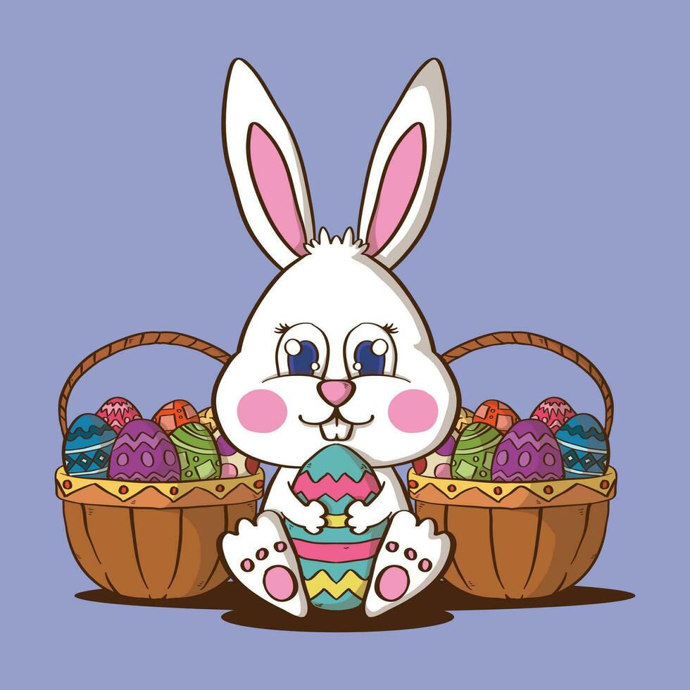 schattig Pasen konijn en Pasen eieren vector illustratie. konijn en Pasen eieren mascotte vector illustratie