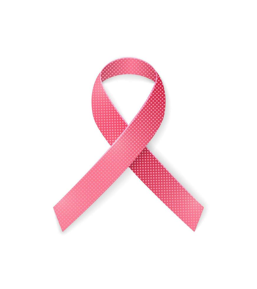 realistisch roze lint met polka punt patroon geïsoleerd Aan wit achtergrond. symbool van Internationale borst kanker bewustzijn maand in oktober. vector illustratie. vrouwen Gezondheid. lint teken.