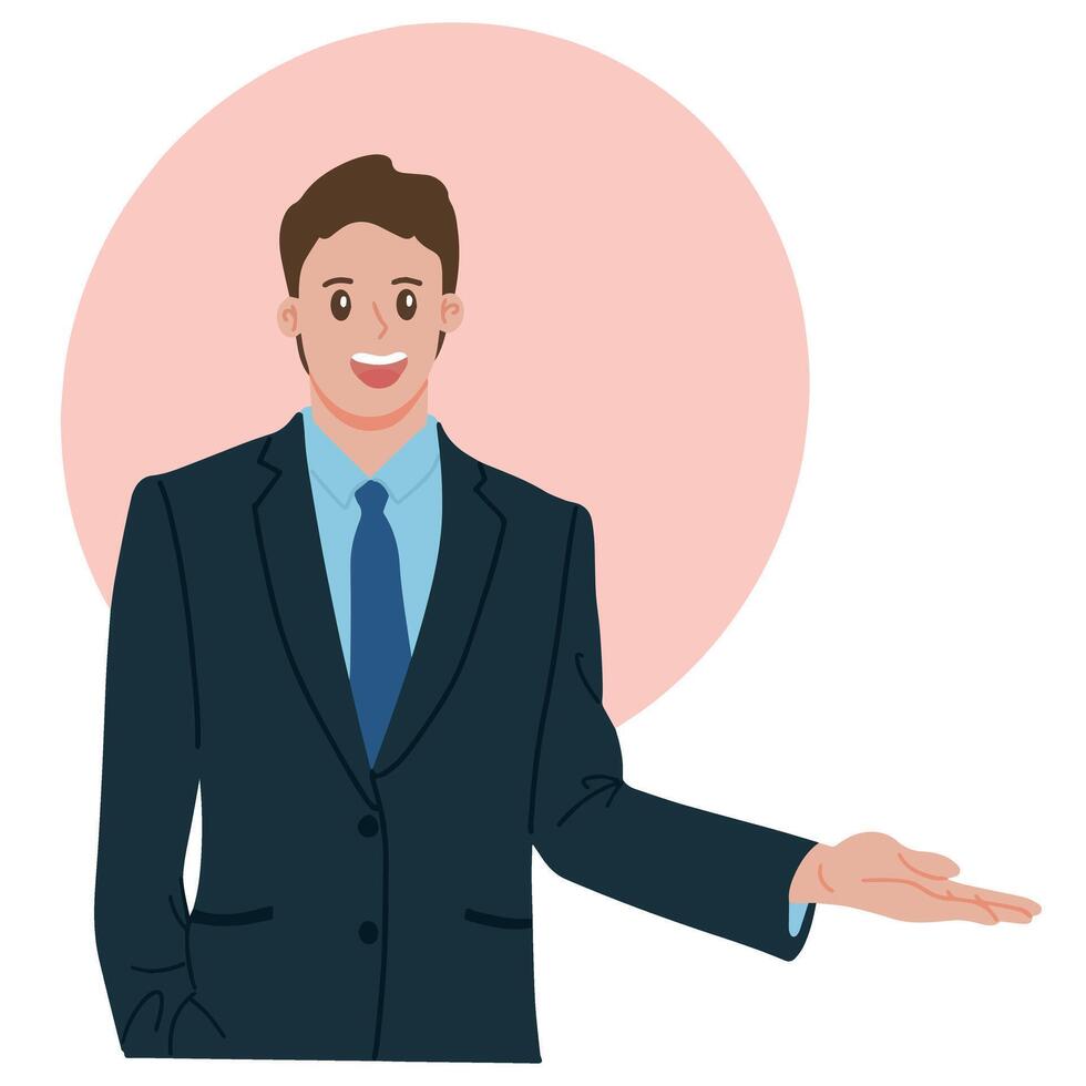 portret succes zaken Mens gebaren tonen iets voor presentatie in formeel suite illustratie vector