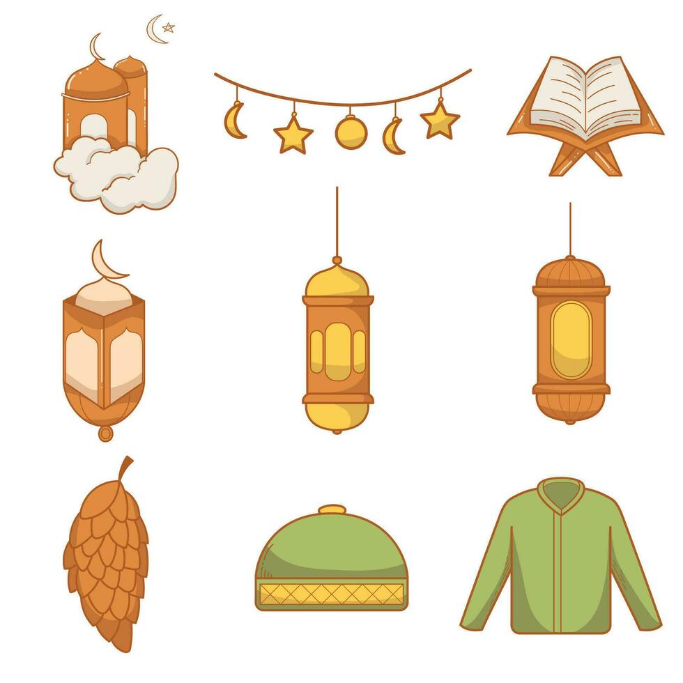 reeks van schattig tekening illustratie van Ramadan kareem eid al-fitr elementenafdruk vector