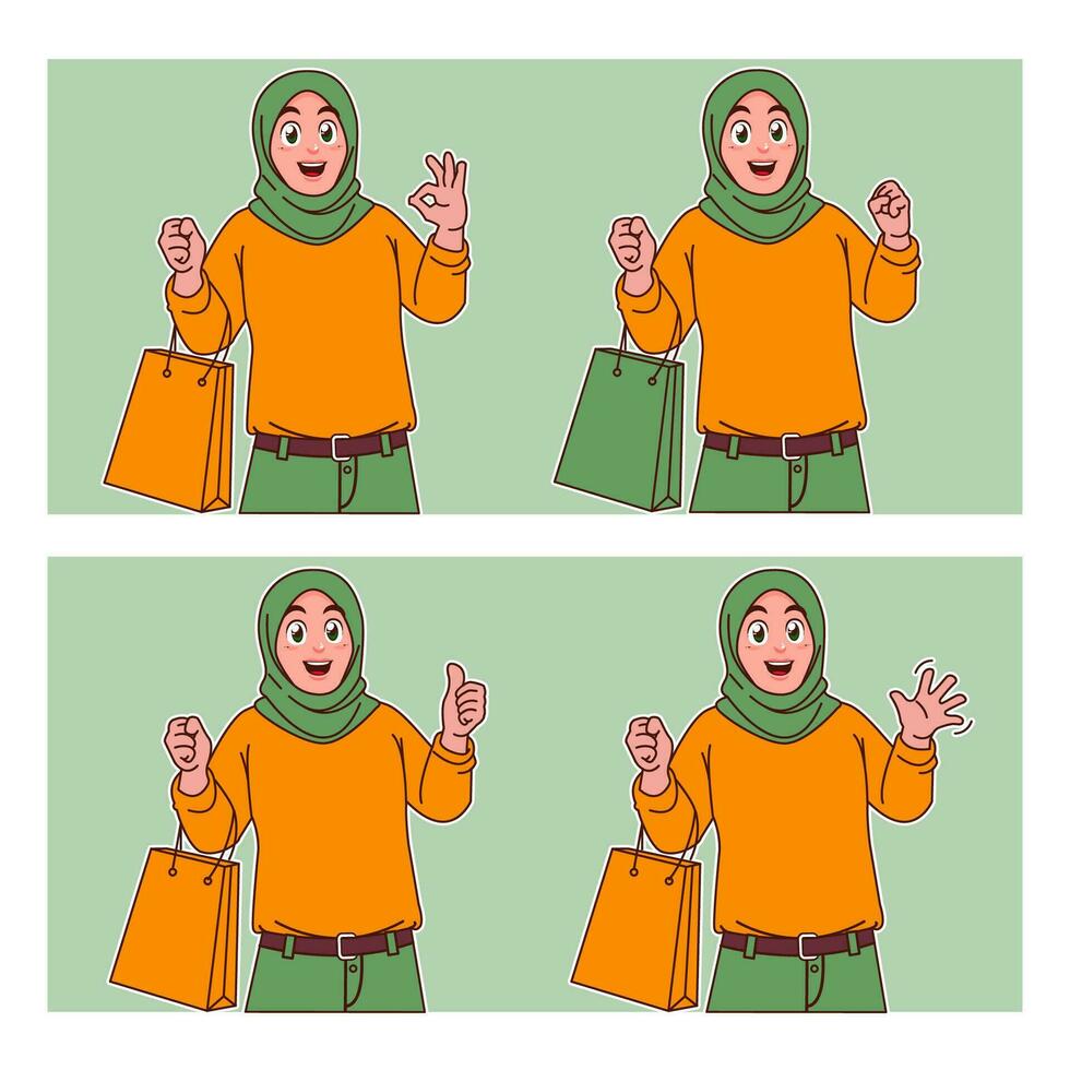 hijab vrouw draag- boodschappen doen Tassen vector