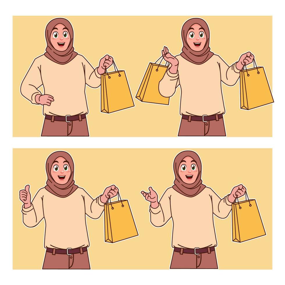 hijab vrouw draag- boodschappen doen Tassen vector