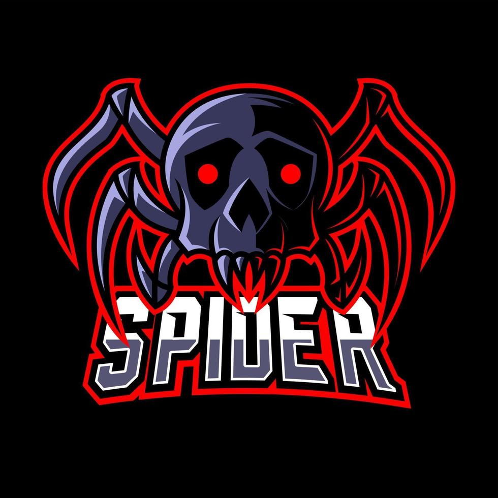 zwarte schedel spin mascotte gaming logo vector ontwerpsjabloon