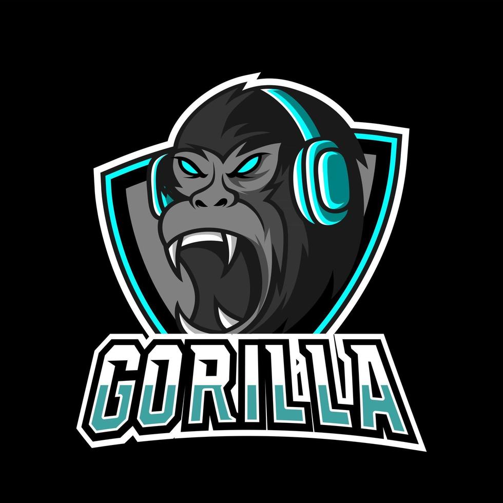 zwarte gorilla aap aap mascotte gaming sport esport logo sjabloon met oortelefoon vector